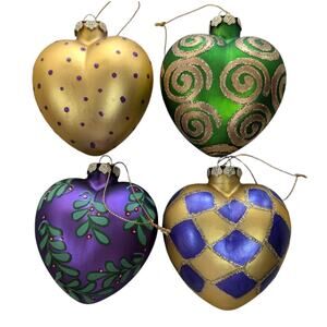 Christmas Ornaments Lot Of 4 Satin Finish Glass Hearts Large Gold Green Purple‎